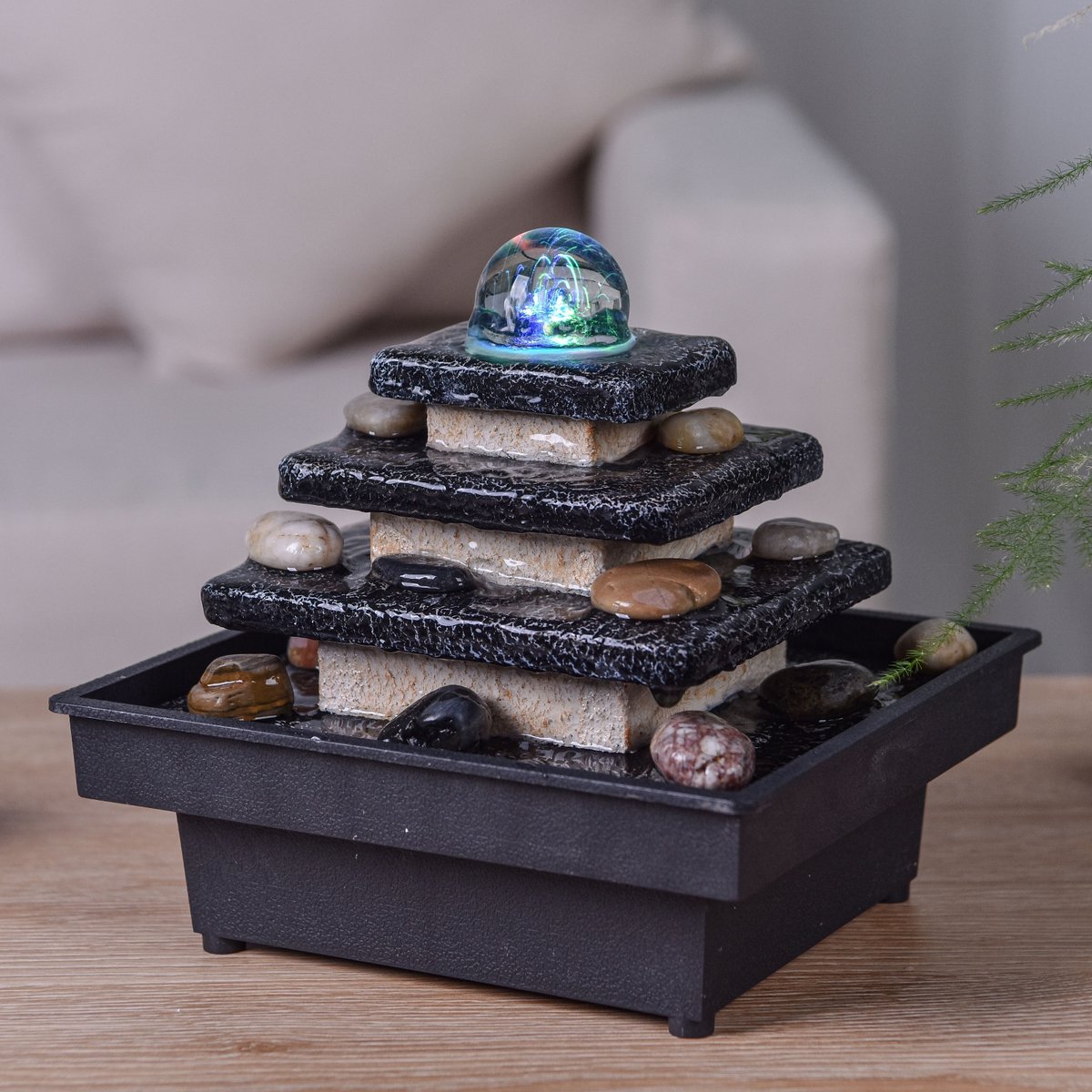 Fontaine d'Intérieur - Eka - Déco Zen et Originale - Design Temple Lumière Led Colorée - Idée Cadeau