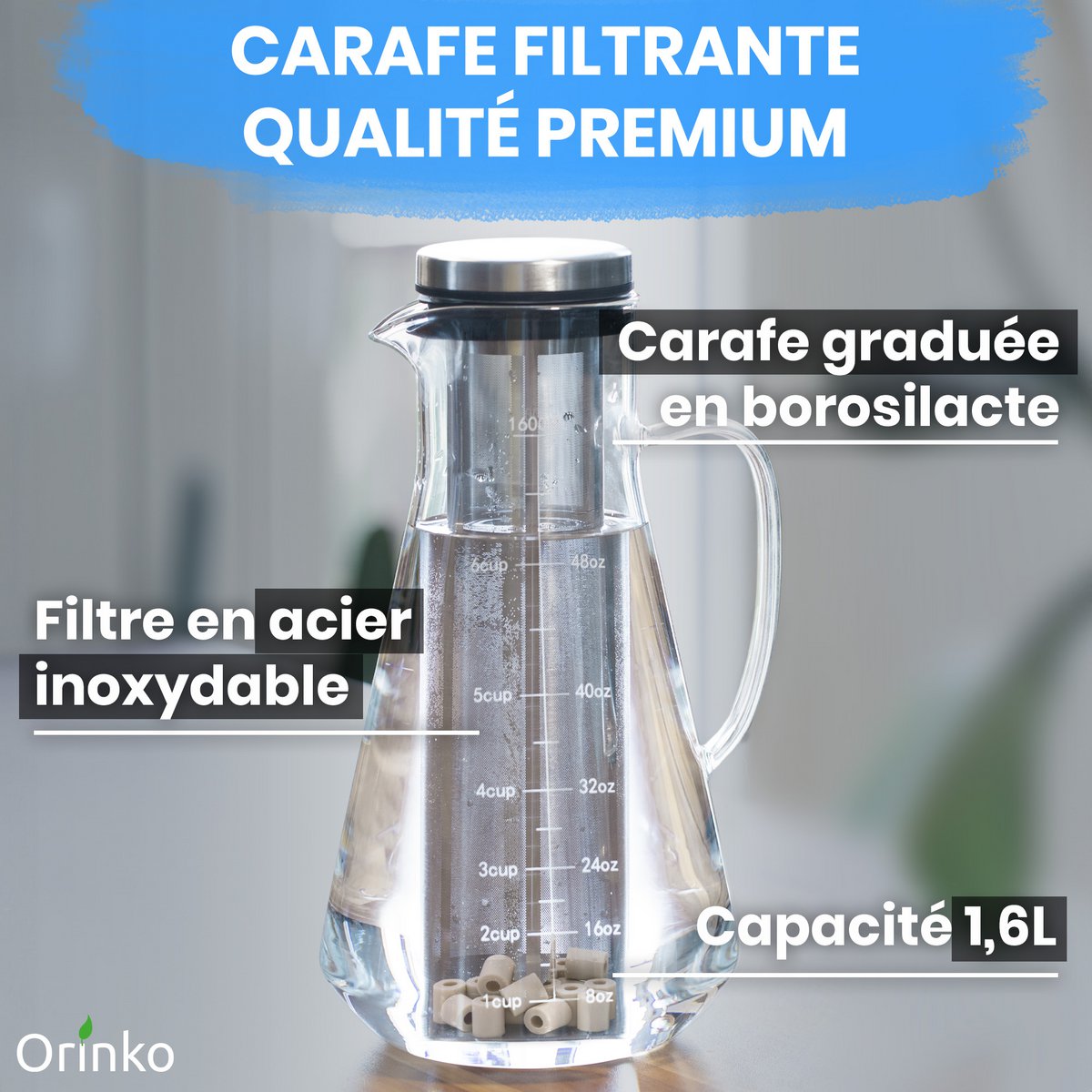 Zestaw oczyszczania wody: Carafe + 15 szarych ceramicznych koralików