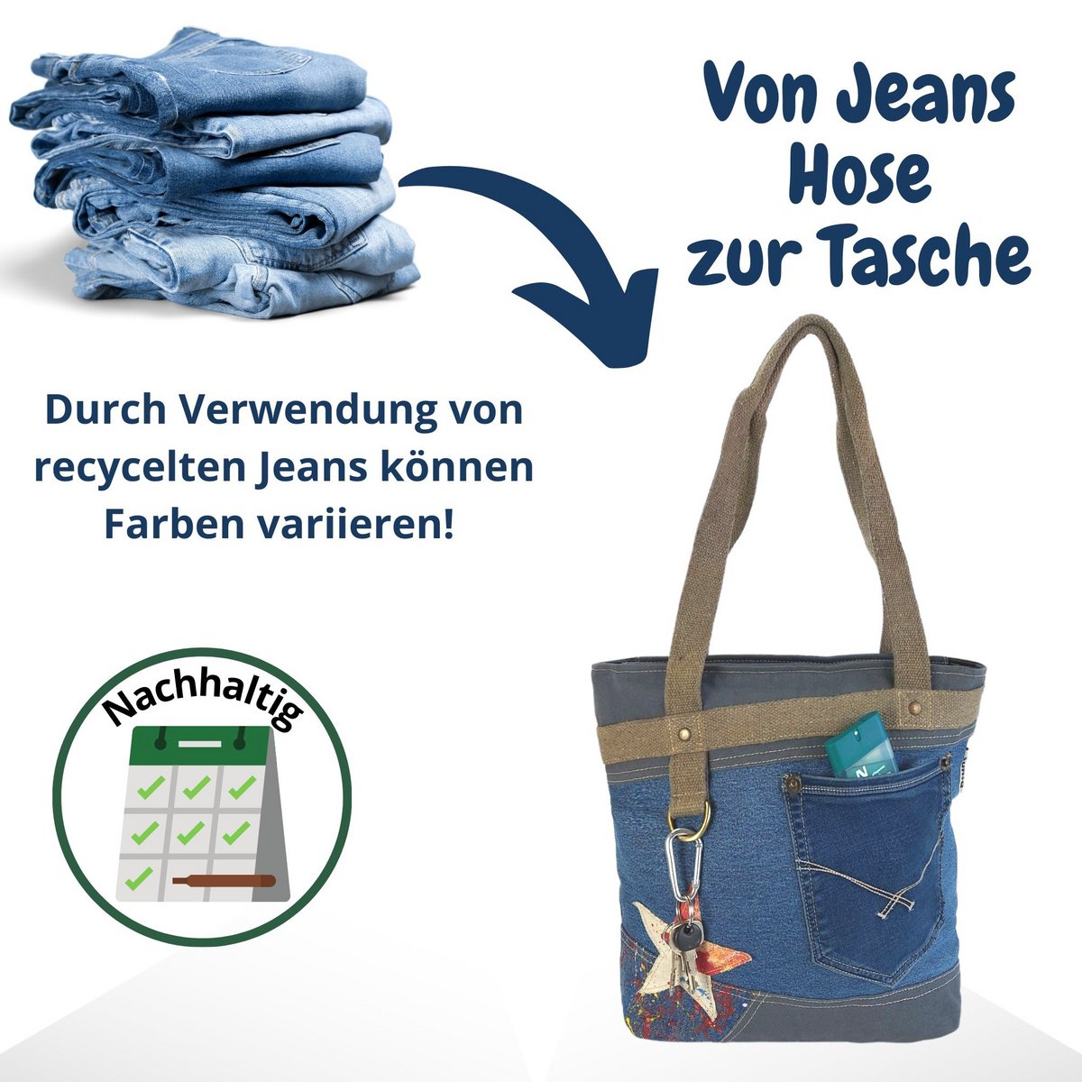 Sunsa dameshandtas. Shopper in vintage retrostijl. Schoudertas gemaakt van upcycled jeans. Grote veganistische tas