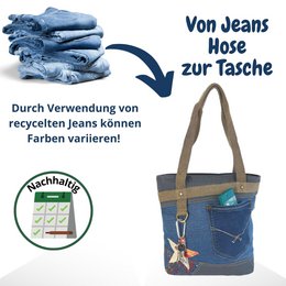 Sunsa dameshandtas. Shopper in vintage retrostijl. Schoudertas gemaakt van upcycled jeans. Grote veganistische tas