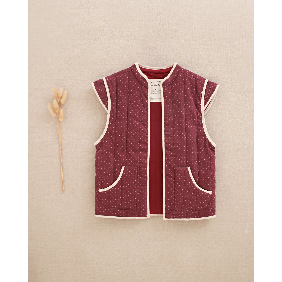 Purple corduroy vest for girls with beige polka dots P78-11604145