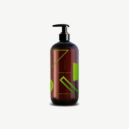 Thyme hand sanitizer with pump dispenser. Amber glass bottle with green and black label. Cleansing and moisturizing formula with natural thyme extract.