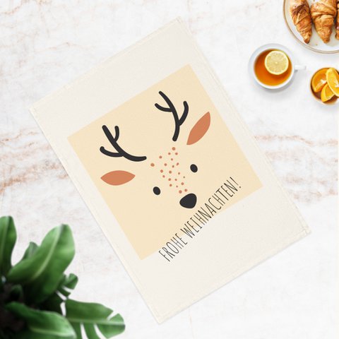 Süßes Hirsch-Küchen-Geschirrtuch aus Bio-Baumwolle als Geschenk für Weihnachten oder Geburtstag, Frohe Weihnachten