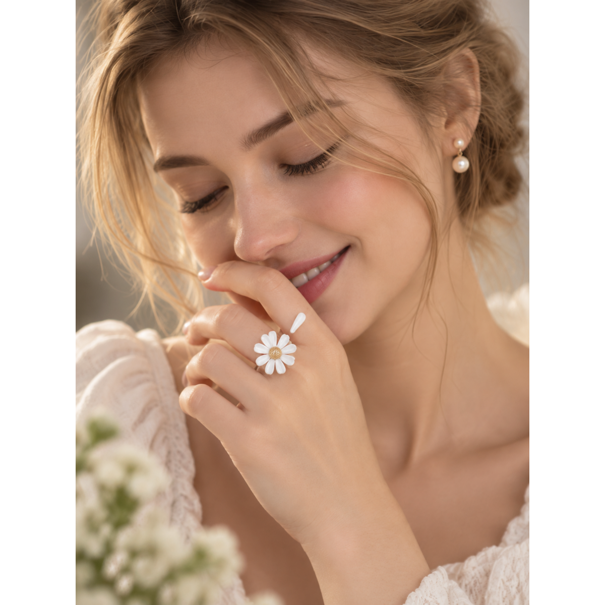 Luminous White Daisy Bloom Open Ring