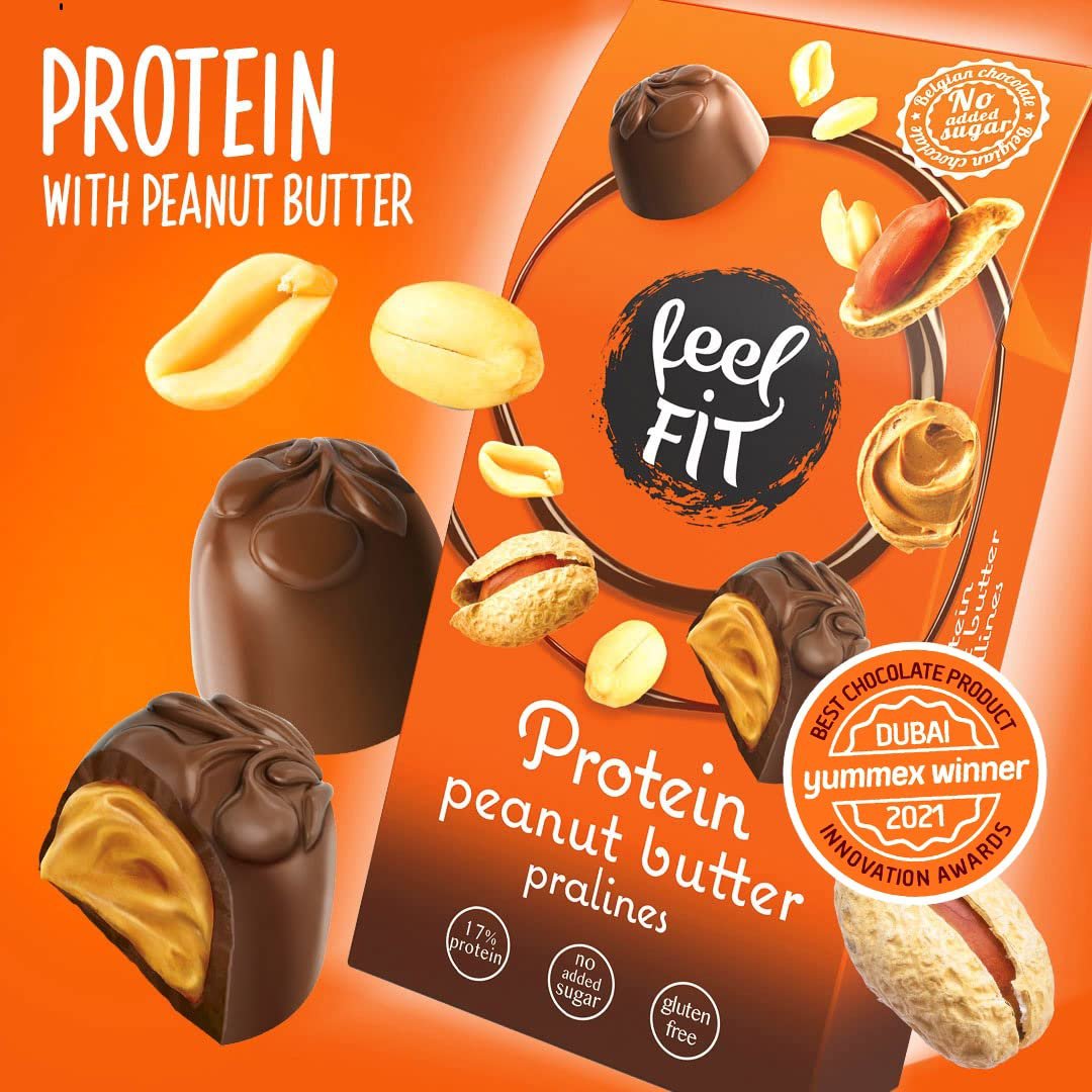 Feel FIT Proteïne-pindakaaspralines in melkchocolade, 17% eiwit, zonder toegevoegde suiker 33 g