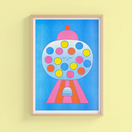 Colorful gumball machine risograph print, vibrant pink and blue, round spheres, kids room art, A3 poster format.