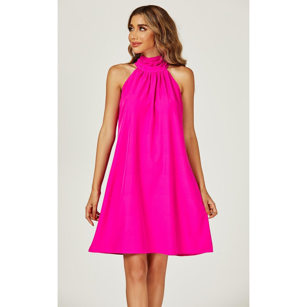 Halter Neck Tie Back Mini Dress in Magenta