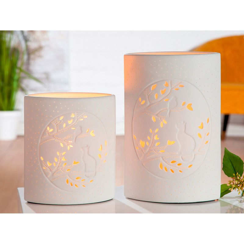 Porcelænslampe ellipse kat med fugl