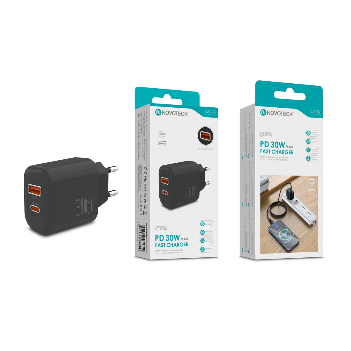 Cargador rápido PD de 30W con USB-C y USB-A – NOVOTECK C-026