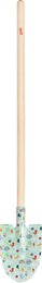  "Small children's spade, heart-shaped mint green blade, wooden handle, gardening tool"