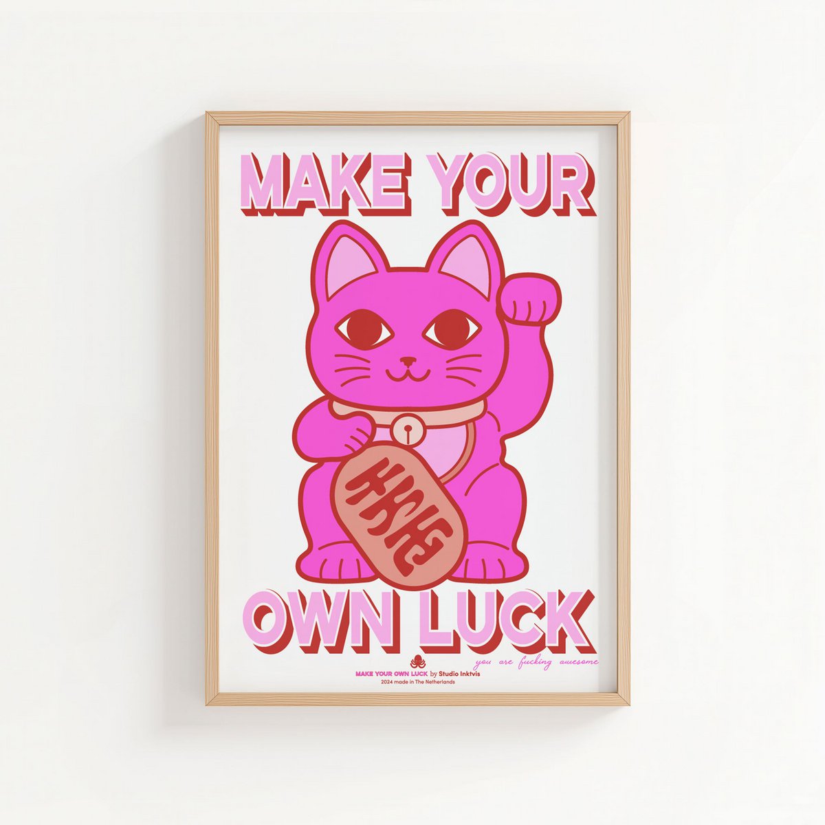 Riso Poster A3 Maneki Neko Neon Rose Rude