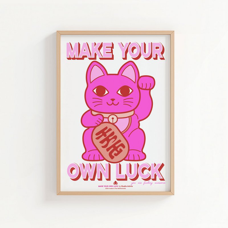 Riso Poster A3 Maneki Neko Neon Rose Rude