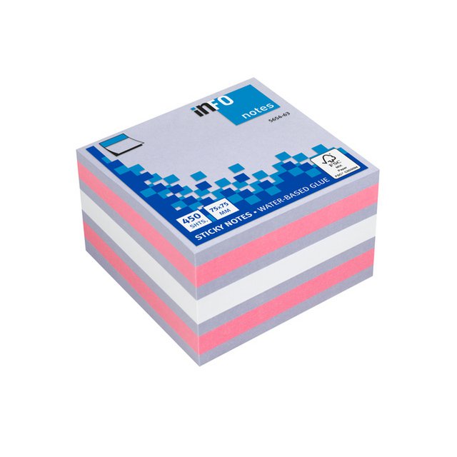 Info notities 75x75mm assorti blok a 450 vel violet, roze, wit