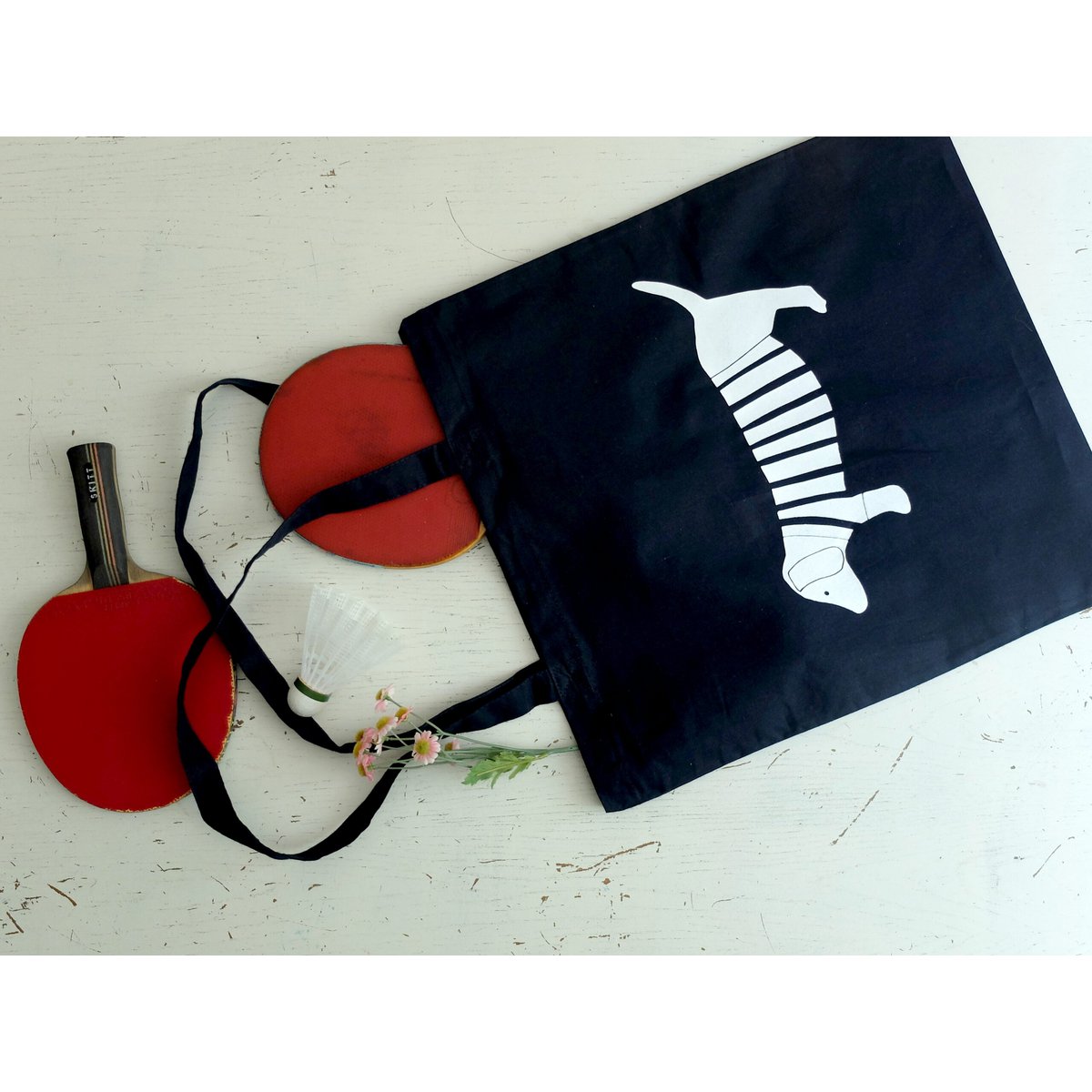handbedruckte Stofftasche mit Dackelmotiv navy