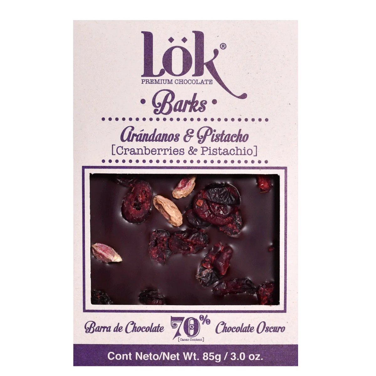 Dunkle Schokoladenbar mit Nüssen: Pistazien und Cranberries | 70% Kakao | 85G