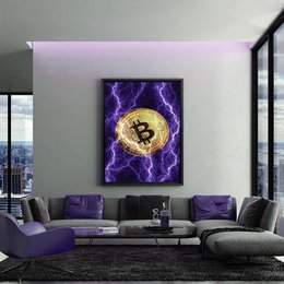 Electrified Bitcoin - purple - plexiglass image, a framed artwork depicting a Bitcoin symbol surrounded by purple lightning bolts, suitable for home or office decor.