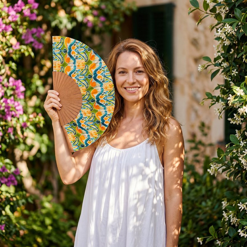 Handgefertigter Seidenlüfter mit lebendigem Ikat -Muster - in Spanien hergestellt