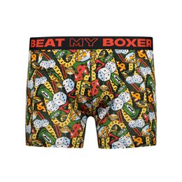 Men's boxer shorts with a colorful, playful pattern featuring various gaming and casino-themed graphics like dice, poker chips, and playing cards. The boxer shorts have a "Beat my Boxer" text printed on them, adding a fun, competitive element. The product is available in sizes XS to XXL.