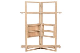  Wooden bathroom furniture with natural mango wood finish, featuring shelves and drawers for storage. Suitable for holding bottles and other bathroom accessories.