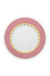 Round pink ceramic plate with yellow border design, 26.5cm diameter.