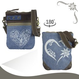 Domelo Trachtentasche Damen Umhängetasche. Dirndl Schultertasche aus Jeansstoff und Canvas (Segeltuch) und Leder. Handtasche in Trachtenstil mit Herz Aufdruck. Crossbody Tasche für Frauen als Oktoberfest Accessoires.