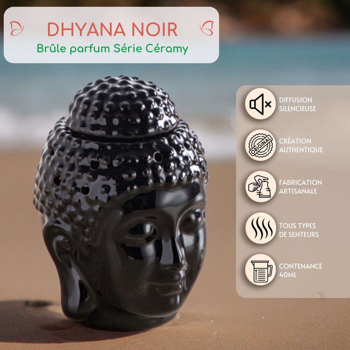 Zwarte Boeddha Dhyana keramische parfumbrander - geurende sfeer - Zen handwerkobject - eenvoudige aromatherapie - geurende fondantbrander - FengShui decoratie - Boeddha hoofd