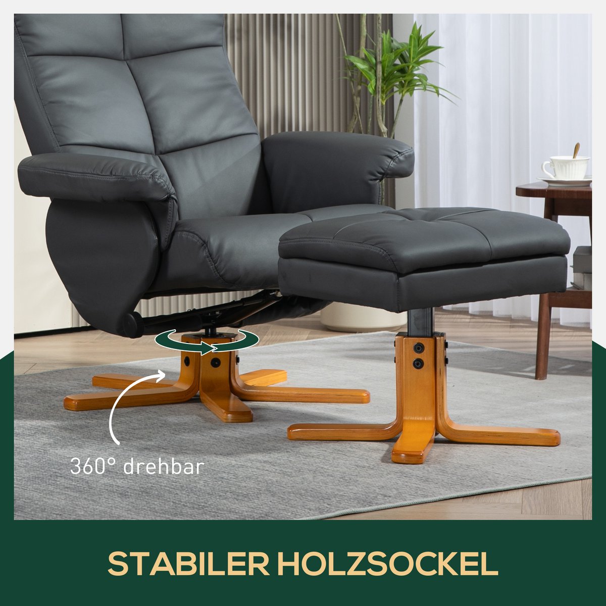 Relaxation chair with stool, 360° rotating TV chair with reclining function, reading chair for bedroom, living room, faux leather, brown