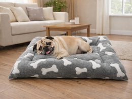 Grey dog bed with stars and bones pattern, soft washable pet bed for comfortable rest.