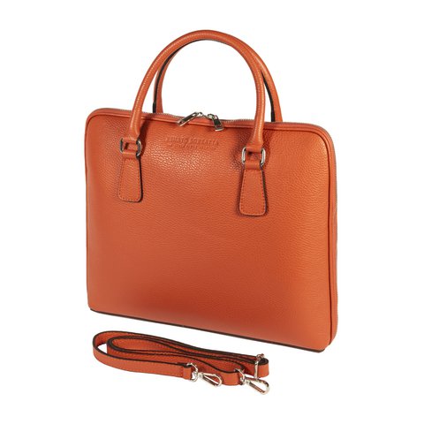 RB1019L | Unisex zakenaktentas van echt leer, gemaakt in Italië, met afneembare schouderband. Opzetstukken met glanzende nikkelen metalen karabijnhaken - Oranje kleur - Afmetingen: 37 x 29 x 6,5 cm