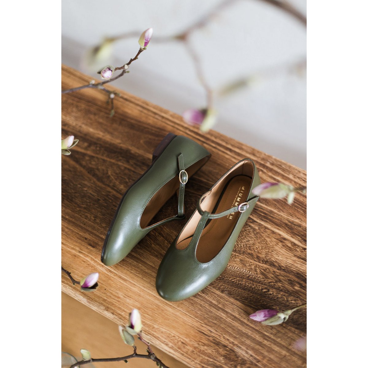 Handgemaakte leren ballerina's - Lotta - Olijf 34-42