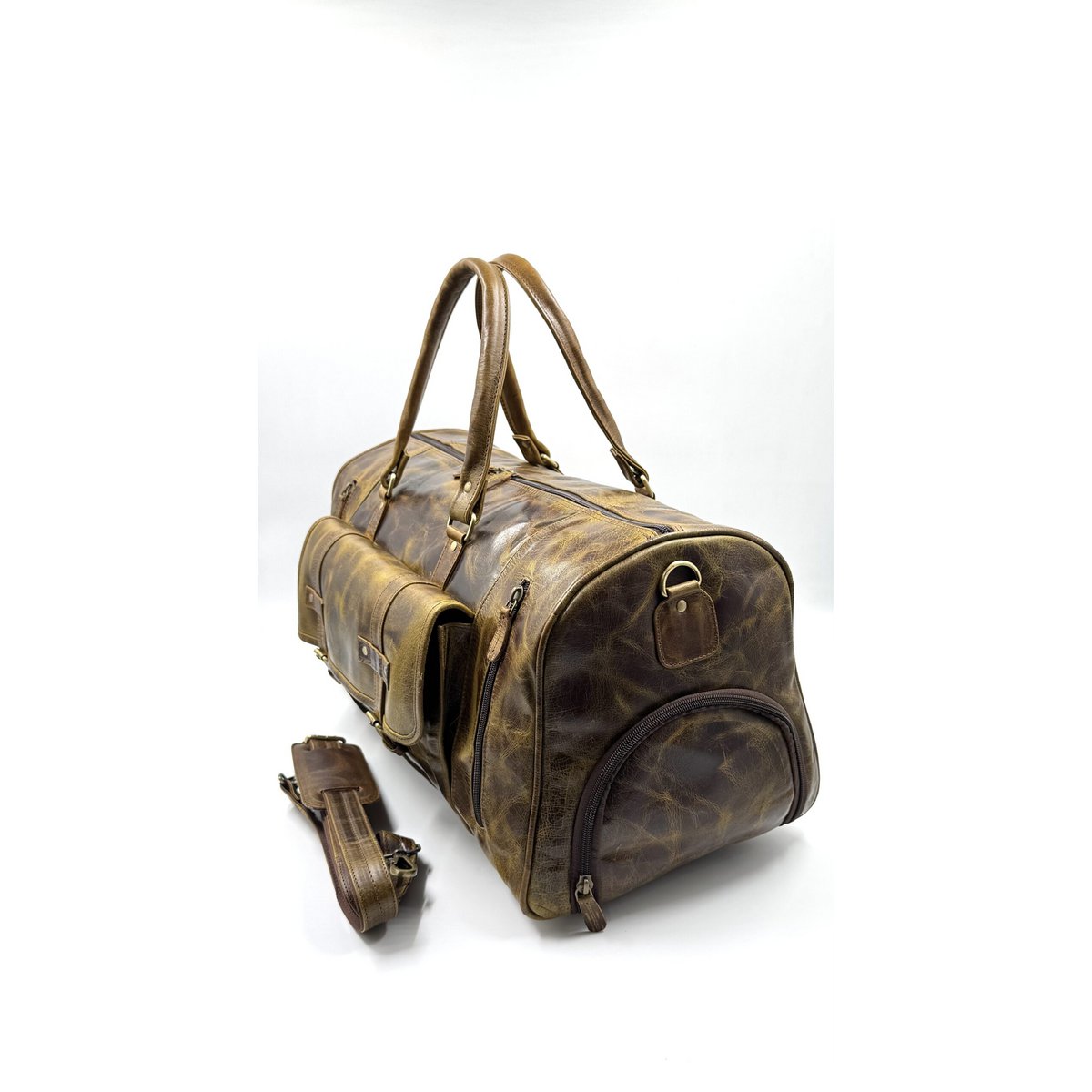 Handmade Dark Olive Moroccan Leather Travel Bag – Artisan 6-Pocket "Deep Forest" Duffle with Dedicated Shoe Compartment