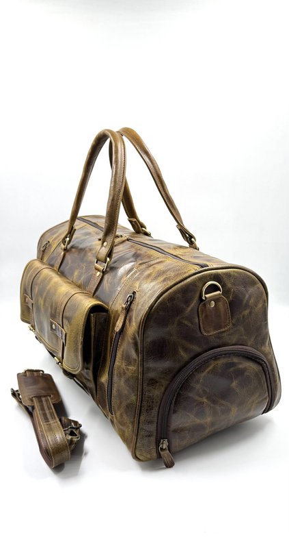 Handmade Dark Olive Moroccan Leather Travel Bag – Artisan 6-Pocket "Deep Forest" Duffle with Dedicated Shoe Compartment