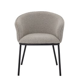 Grey upholstered dining chair with black metal legs. Polyester fabric in a round, barrel-shaped design.