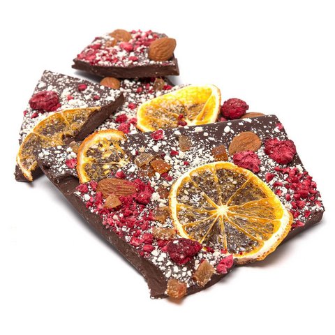 Broken bars (dark 72% with raspberries, almonds and oranges) 200 Grs