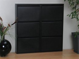 Stylish and functional black metal shoe cabinet with 6 doors and 2 sets, providing compact storage for your shoe collection.