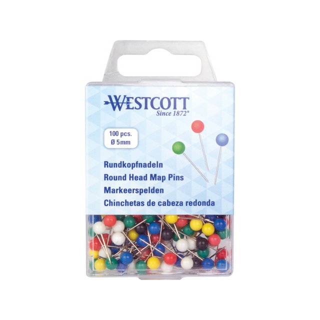 Alfileres de marcado Westcott culo de 5 mm. Colores, 5 mm x 16 mm 100 unidades en caja de plástico.