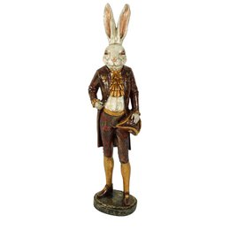 Tall rabbit figurine, brown jacket, standing pose, decorative statue, animal character.