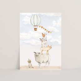 Whimsical postcard featuring farm animals and a hot air balloon, perfect for birthday celebrations.