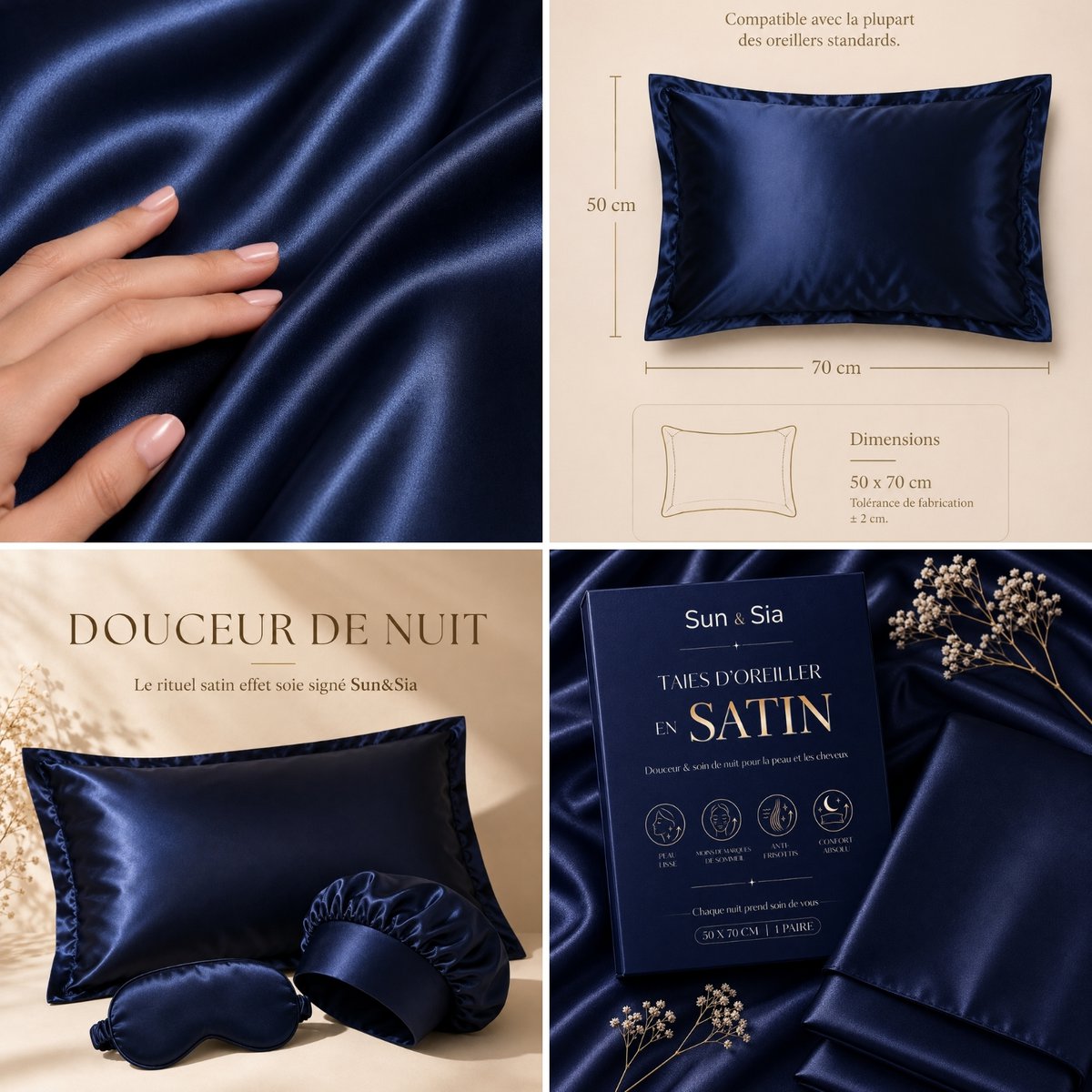 Pair of Midnight Blue Silk Effect Satin Pillowcases