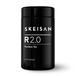 Flavored rooibos/fruit tea blend with vanilla caramel taste, packaged in a black tea canister.
