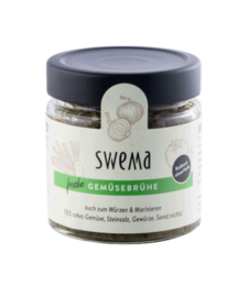 Organic vegetable broth in a glass jar. The broth is made from fresh, high-quality vegetables and is suitable for 8 liters of liquid. The jar has a black lid and the Swema brand name is displayed on the label.