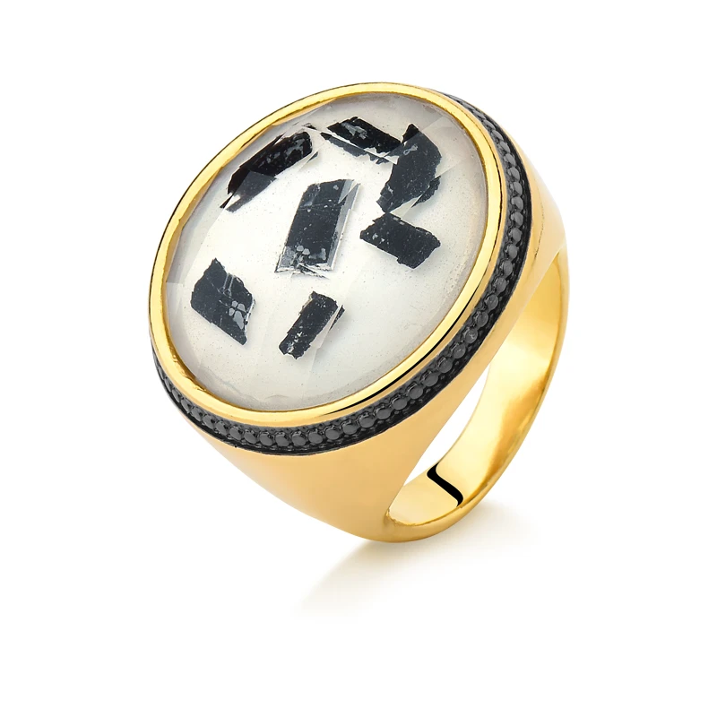 Bague Tourmaline Noire - Plaqué Or 18K avec bordure Rhodio Noir