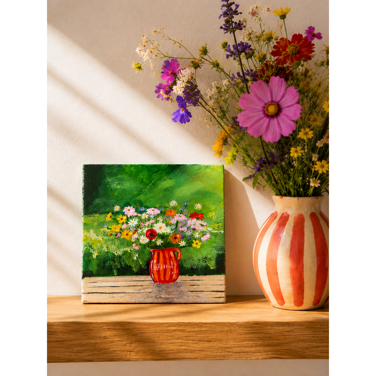 Ramo de campo en florero rojo | Azulejo pintado a mano