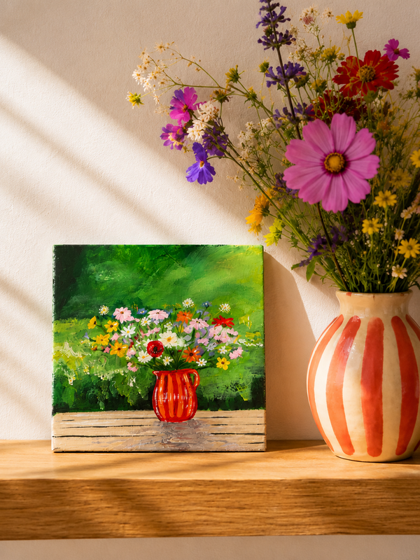 Ramo de campo en florero rojo | Azulejo pintado a mano