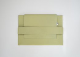 Lime green laptop sleeve, 14 inches, made of silky champagne, shiny abstract, and city of architecture materials.
