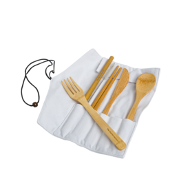 Sustainable and eco-friendly reusable bamboo cutlery set for picnics, includes forks, knives, and spoons made of natural bamboo material.