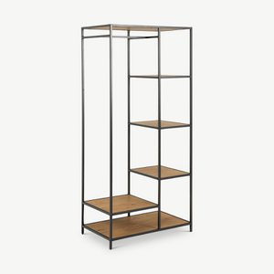 Dover Open Wardrobe, Black Steel & 5 Oak shelves