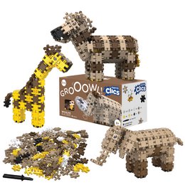 The product is a building block set called "Nano Clics - Wildlife - 250pcs" that allows users to create various animal figures such as a giraffe and zebra. The set includes 250 pieces and is part of the Nano Clics building system, which features flexible connections and is compatible with basic building blocks. The product encourages creative open play and hands-on construction.