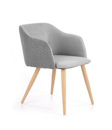  Gray upholstered dining chair with wooden legs, modern curved design, comfortable armchair