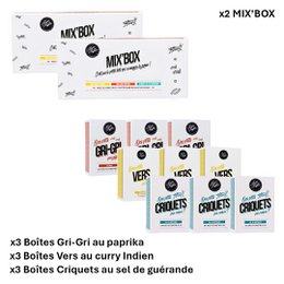 Edible insect snack bar mix kit containing a variety of flavors including Grillons, Vers, and Criquets. Includes 6 individual snack bars in a mix box.